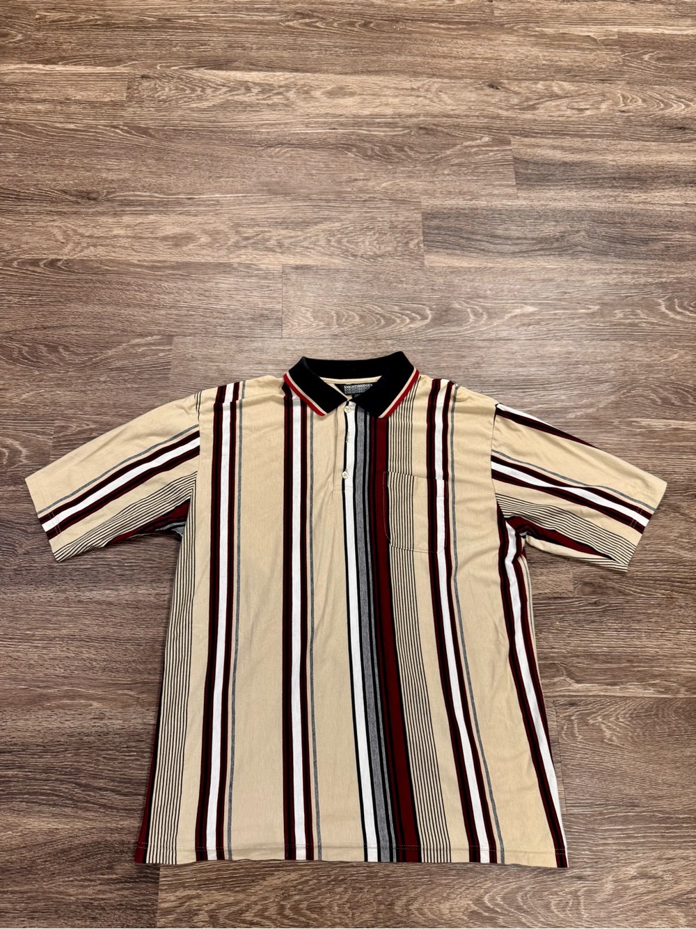 Vintage Knightsbridge Striped Polo Shirt XL Beige Burgundy 90s Pocket